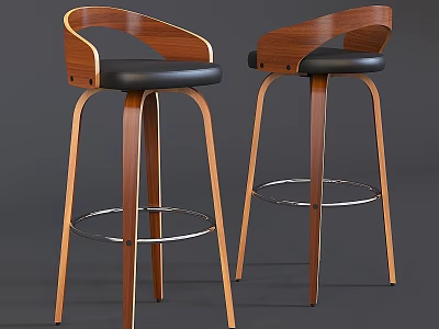 Stylish Modern Bar Stool With Wooden Frame Black Leather Seat And Metal Footrest 3d model