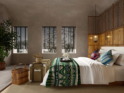 Hotel Room with Gray Walls Shutter Windows Wooden Headboard Green Patterned Blanket and Colorful Cushions 3d model