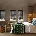 Hotel Room with Gray Walls Shutter Windows Wooden Headboard Green Patterned Blanket and Colorful Cushions