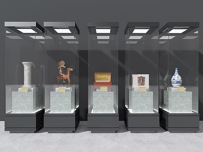 Glass Display Shelves with Marble Bases and Artifacts Under Ceiling Lighting 3d model