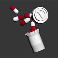 Medical Device White Medicine Bottle With Open Cap And Red White Capsules Falling Out