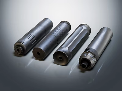 Tactical Weapon Components Four Silver Gray Metallic Cylinders with Various Textures and Designs 3d model