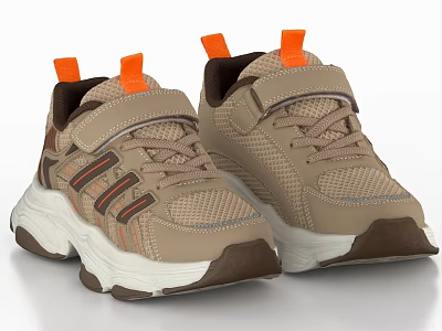 Beige Brown Kids Sports Shoes With Mesh Upper Velcro Straps And Orange Accents 3d model