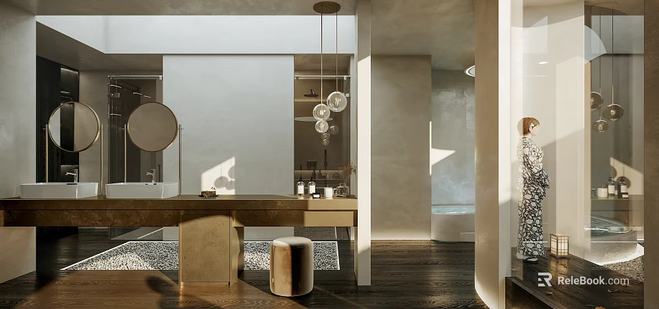 Elegant Modern Bathroom Interior With Marble Vanity Pendant Lights Bathtub And Wooden Floors 3d model 