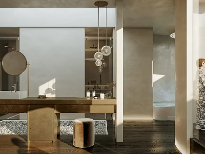 Elegant Modern Bathroom Interior With Marble Vanity Pendant Lights Bathtub And Wooden Floors 3d model