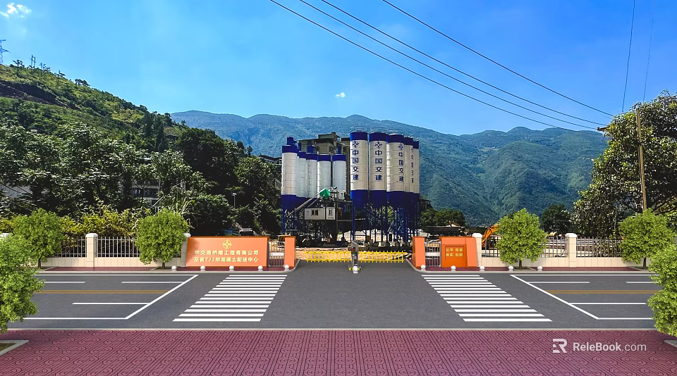 Industrial Factory Building in Mountainous Area With Green Trees Entrance Gate And Road 3d model 
