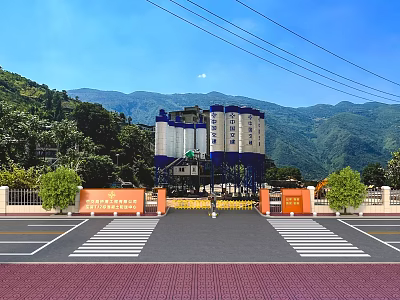 Industrial Factory Building in Mountainous Area With Green Trees Entrance Gate And Road 3d model