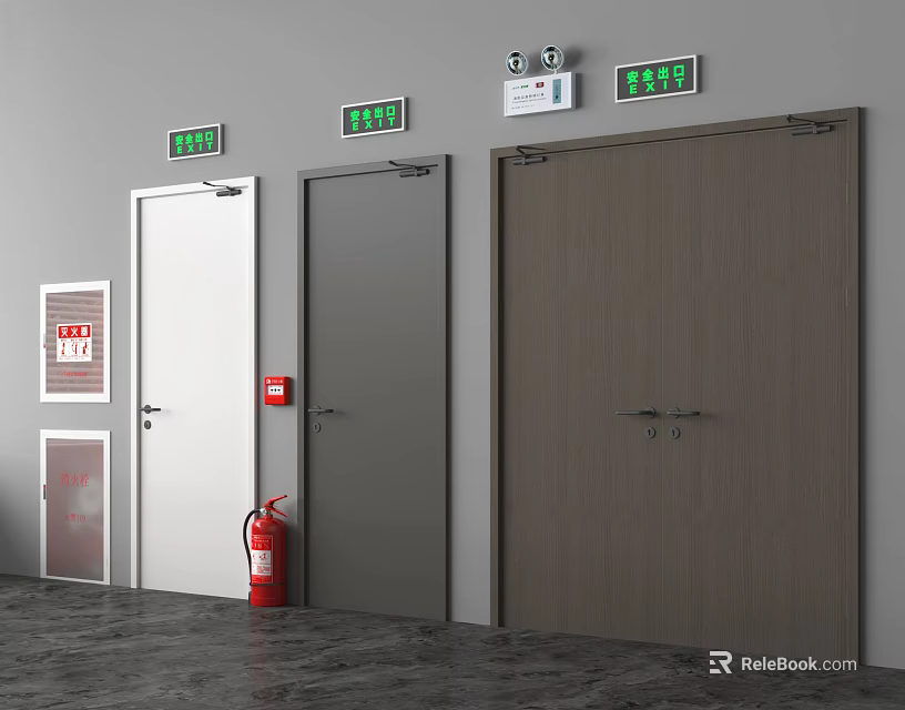 Three Different Colored Emergency Exit Doors With Green Signs Fire Extinguisher And Safety Equipment 3d model 