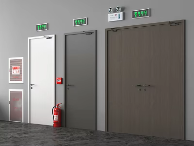 Three Different Colored Emergency Exit Doors With Green Signs Fire Extinguisher And Safety Equipment 3d model