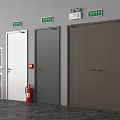 Three Different Colored Emergency Exit Doors With Green Signs Fire Extinguisher And Safety Equipment