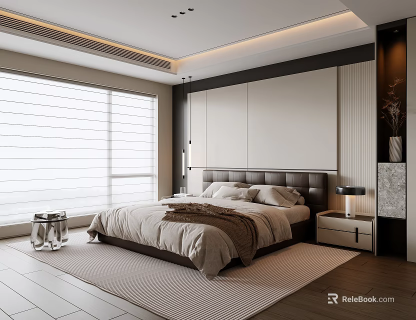 Modern Bedroom Interior Design With Large Bed Dark Headboard And Light Wooden Flooring 3d model 