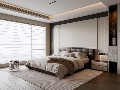 Modern Bedroom Interior Design With Large Bed Dark Headboard And Light Wooden Flooring 3d model