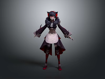 Anime Character Design With Black Red Outfit White Apron And Red Boots 3d model