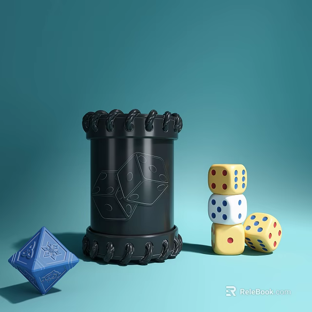 Black Barrel With Dice Pattern And Colorful Polyhedral Dice Set For Gaming 3d model 