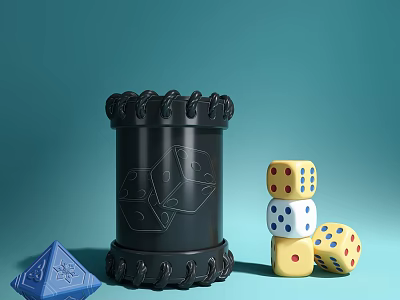 Black Barrel With Dice Pattern And Colorful Polyhedral Dice Set For Gaming 3d model