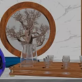 Elegant Blue Wine Bottle and Glasses on Wooden Tray with Marble Background and Tree Decoration