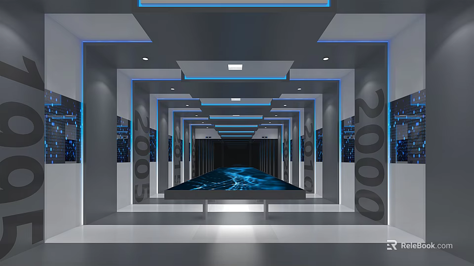 Modern Tech Inspired Corridor With Blue Glowing Floor And Numbers 5002 2002 3d model