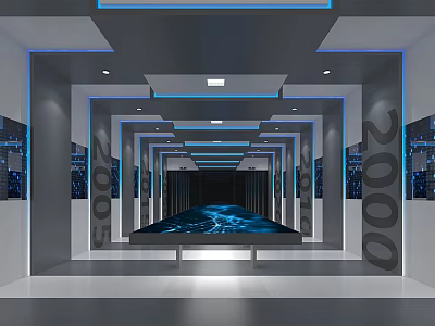 Modern Tech Inspired Corridor With Blue Glowing Floor And Numbers 5002 2002 3d model