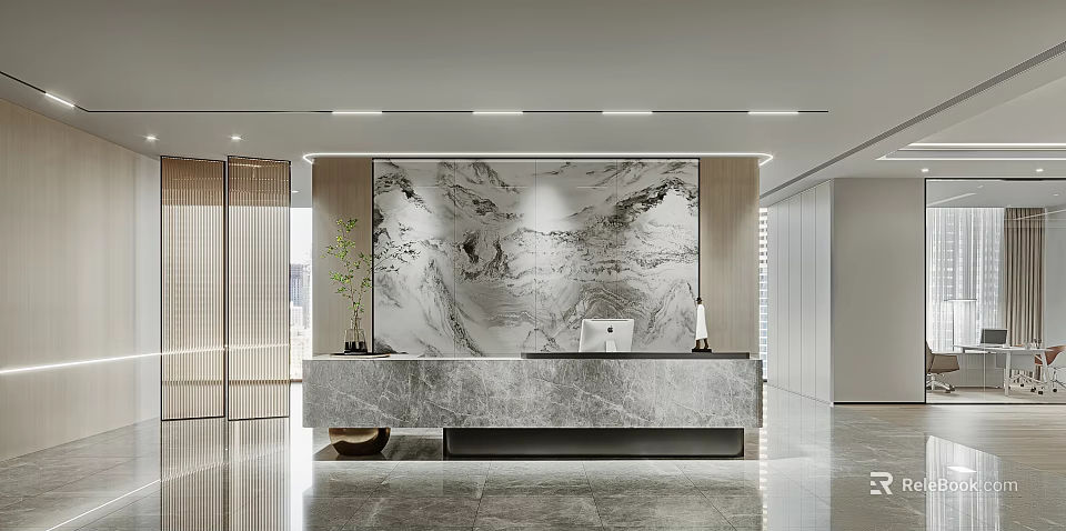Modern Reception Desk In Office With Marble And Artistic Backdrop 3d model