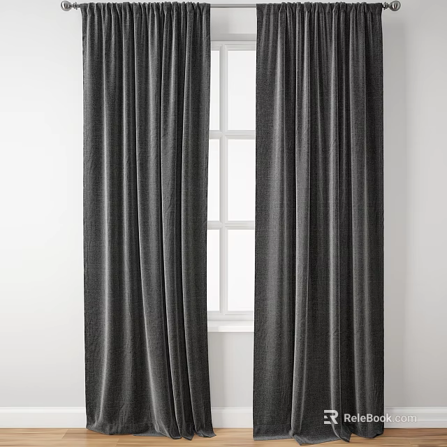 Gray Heavy Duty Curtains Hanging By White Window With Simple Design 3d model 