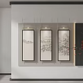 Traditional Chinese Landscape Paintings Hanging on White Wall with Mountains Trees and Red Berries Branch