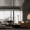 Modern Dining Living Room Interior With Dark Flooring Wooden Cabinets And Grid Partition