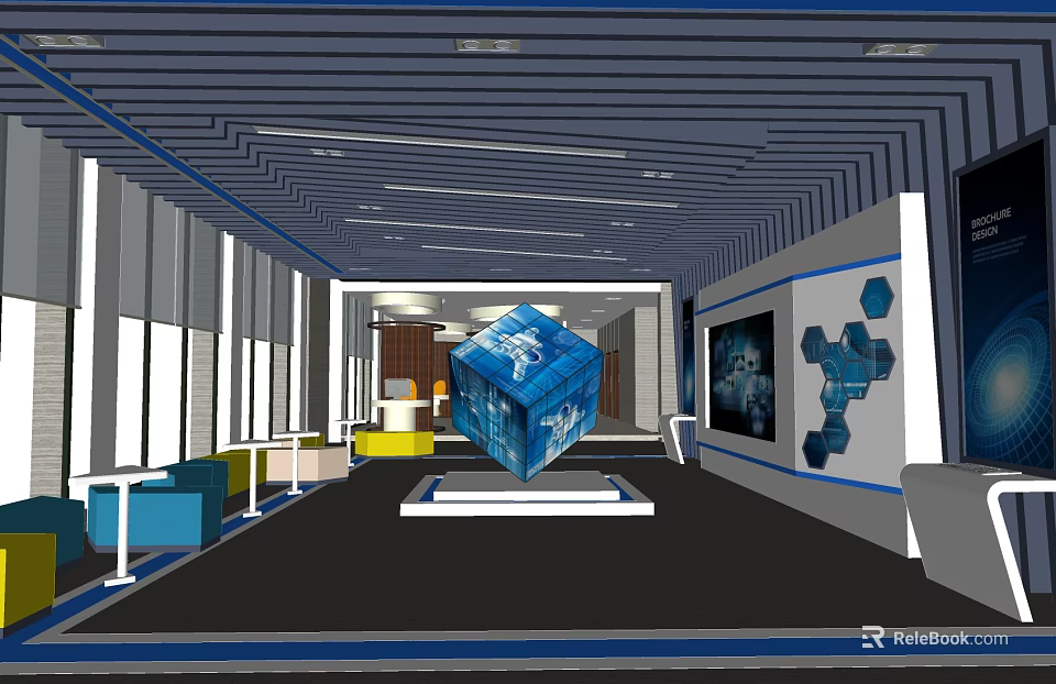 Modern Exhibition Hall Interior With Blue Cube Installation And Digital Screens 3d model 