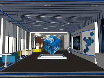 Modern Exhibition Hall Interior With Blue Cube Installation And Digital Screens 3d model