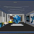 Modern Exhibition Hall Interior With Blue Cube Installation And Digital Screens 3d model