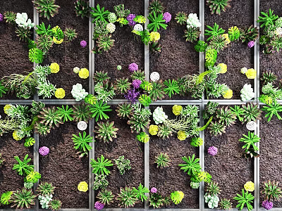 Green Plant Wall Featuring Mixed Greenery Colorful Flowers Yellow Purple White In Grid Pattern 3d model