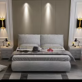 Modern Bedroom Background Double Bed With Gray Bedding Side Tables White Armchair And Wall Sconces