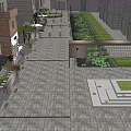 Traditional Commercial Street With Stone Paved Path Hanging Lanterns And Green Trees