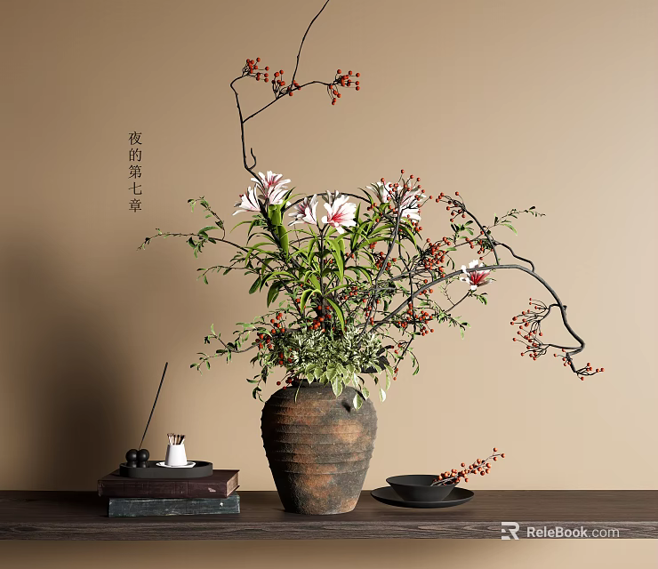 Rustic Ceramic Vase with White Lilies Red Berry Branches on Wooden Table Beige Background 3d model 
