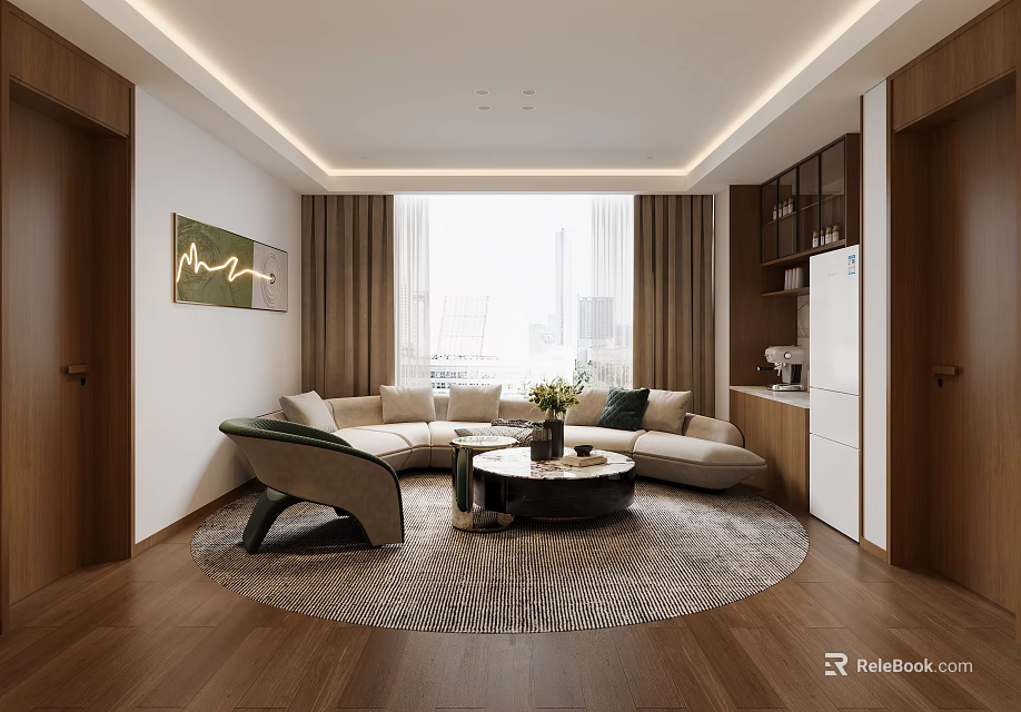 Modern Living Dining Room Interior With Round Rug Sofa Coffee Table And Large Window 3d model 