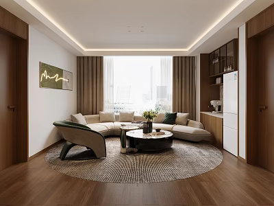Modern Living Dining Room Interior With Round Rug Sofa Coffee Table And Large Window 3d model