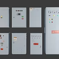 Assorted Electrical Control Cabinets With Control Panels Buttons Indicator Lights And Warning Labels