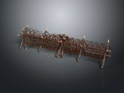Rustic Fence With Wooden Posts Barbed Wire And Spiked Tops For Security Protection 3d model