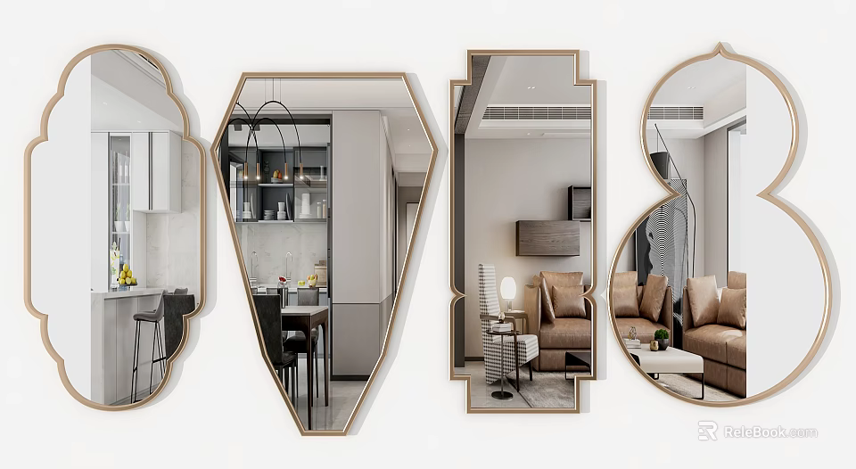 Decorative Mirrors with Unique Shapes and Gold Frames in Modern Interiors Reflecting Kitchen Spaces 3d model 