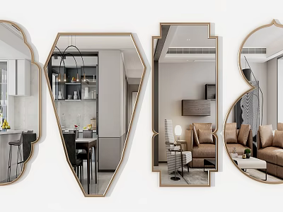 Decorative Mirrors with Unique Shapes and Gold Frames in Modern Interiors Reflecting Kitchen Spaces 3d model