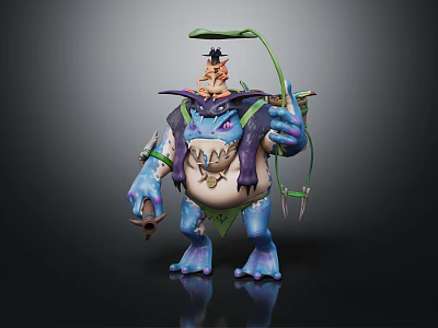 Fantasy Character And Blue Creature Design With Green Vines And Weapon 3d model