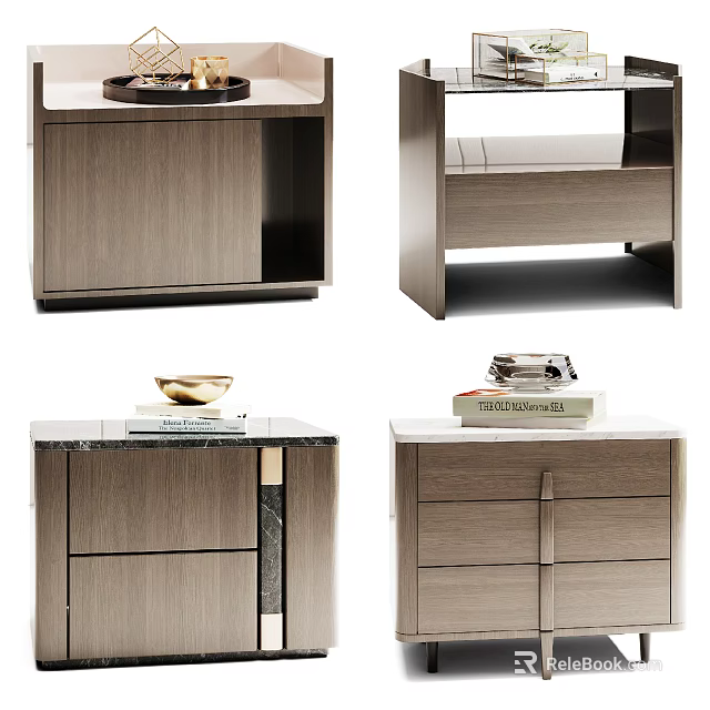 Modern Wooden Bedside Tables Featuring Drawers Marble Top And Decorative Items 3d model 