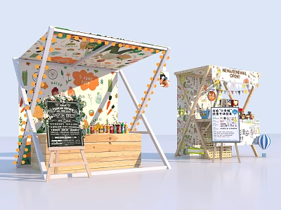 Colorful Market Stalls With Decorative Canopy Menu Board And Hanging Ornaments 3d model