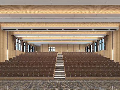 Conference Room With Brown Stepped Seats Wooden Ceiling And Lighting Strips 3d model
