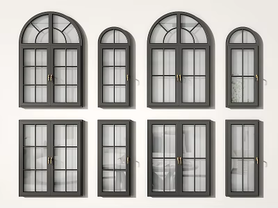 Various Design Casement Windows With Arched Square Tops Dark Frames And Golden Handles 3d model