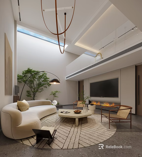 Modern Basement Living Space With Curved Sofa Fireplace And Greenery 3d model 
