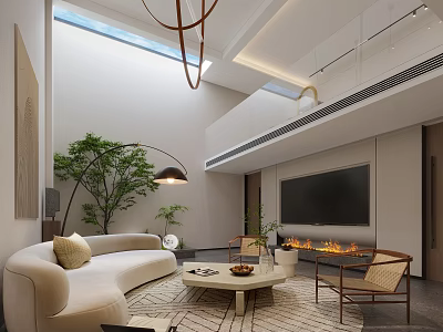 Modern Basement Living Space With Curved Sofa Fireplace And Greenery 3d model