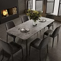 Modern Dining Table Set With Six Grey Chairs Floral Centerpiece And Fireplace