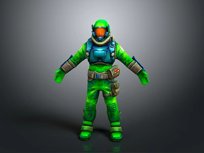 Daily Life Supplies Green Blue Spacesuit With Orange Helmet Waist Tool Bag Standing Figure 3d model