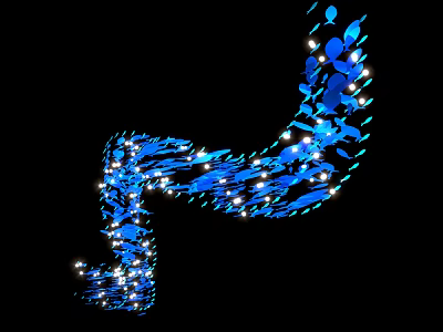 Flowing Curved Art Installation With Blue Fish And White Light Spots On Black Background 3d model