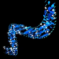 Flowing Curved Art Installation With Blue Fish And White Light Spots On Black Background
